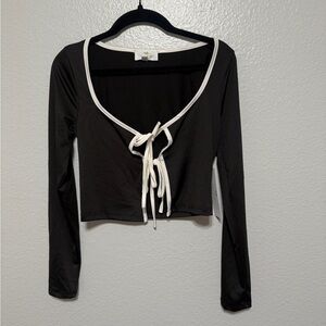Black and White Long Sleeve Tie-Front Crop Blouse